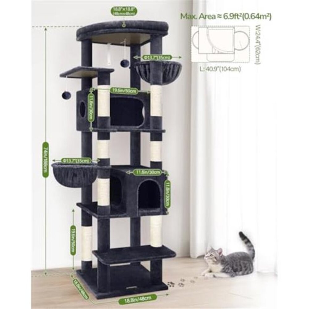 Heavy Duty Cat Tree Sturdy Cat Tower, Dark Gray, 74" - Picture 6 of 6